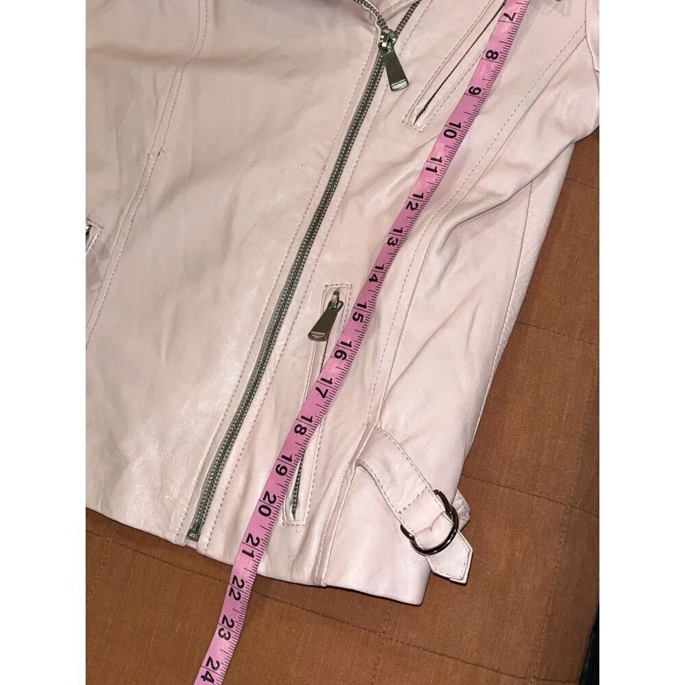 Neiman Marcus Genuine Pink Leather Zipper Pockets Moto Jacket Women's Size S